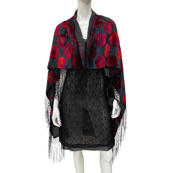 Vintage 90’s/Y2K Burnout Velvet Fringed Floral Piano Shawl - Picture 6 of 9